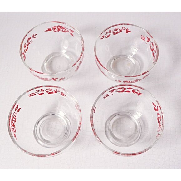 4 Sets of Dessert Bowls With Under Plate Red Rose Design Dominion Glass Vintage - Picture 4 of 6